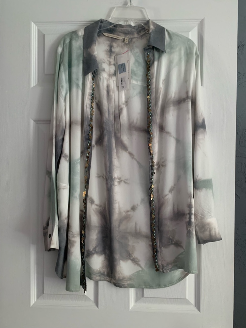 SOFT SURROUNDINGS Kimono Cover Up Green Tie Dye Metal And Beads Size 10-12 NWT
